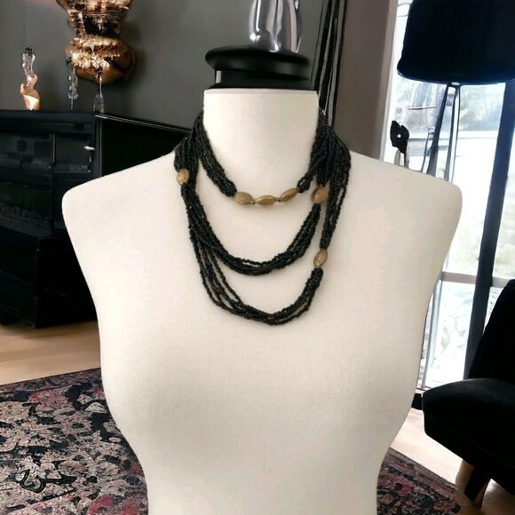 Multi Strand Beaded Necklace LONG 60" Black Seed Beads Brass Colored Stations - Picture 13 of 16